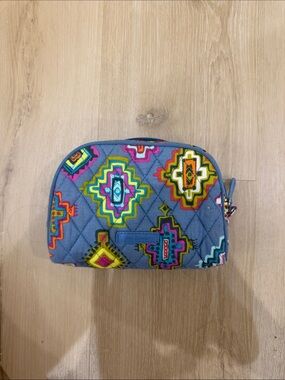 Vera Bradley Blue Quilted Cosmetic Pouch with Multicolor Geometric Print